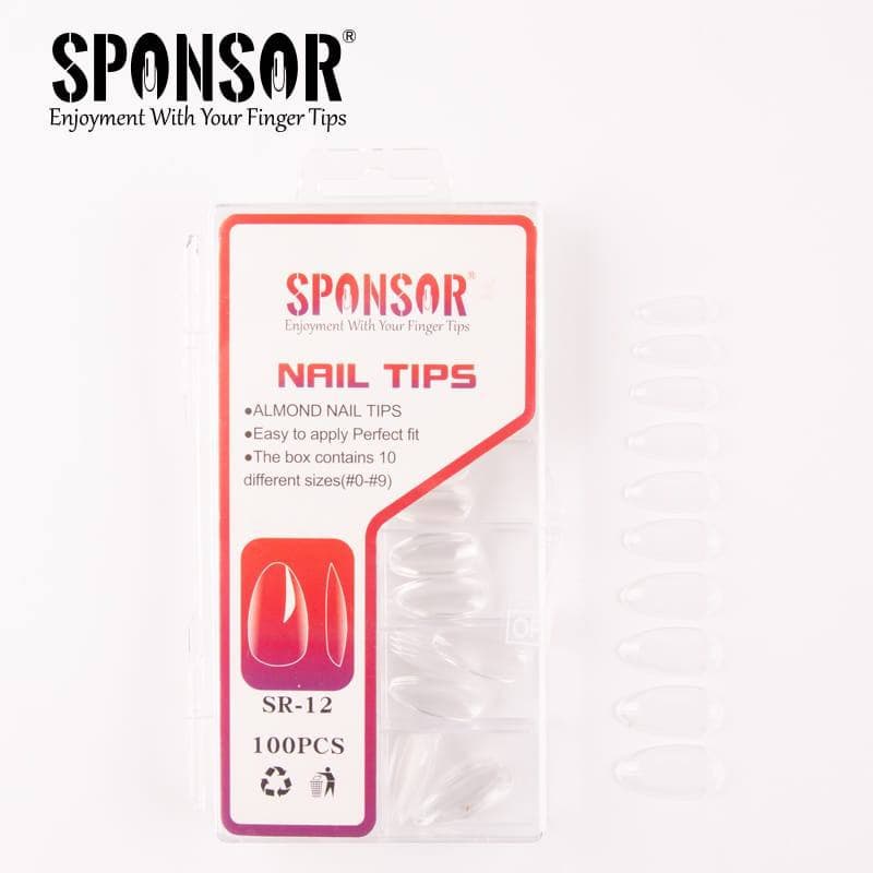 SR-12 || Sponsor Almond Nail Tips – 100pcs (Soft Gel, Transparent)